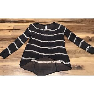 Vtg Anthro Language Silk Sheer Top Black White Stripes Asymmetric Hem Sz S USA